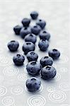 Fresh blueberries lying on a patterned tablecloth (close-up)