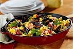 Paella with mussels and prawns