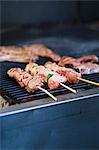 Raw pork skewers on the barbecue