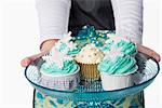 Hands holding a tray of cupcakes decorated for Christmas