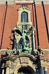 Close-up of statue of Archangel Michael over portal at St Michaelis Church, Hamburg, Germany