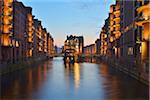 View of Speicherstadt with River Elbe at Dusk, Hamburg, Germany