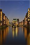 View of Speicherstadt with River Elbe at Night, Hamburg, Germany