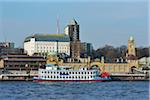 View of Landing Bridges with Steamboat Cruise on Elbe River, Hamburg, Germany