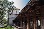 The stone columns of the open air Audience Hall, Temple of the Sacred Tooth Relic, UNESCO World Heritage Site, Kandy, Sri Lanka, Asia