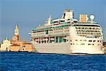 Tourist cruise liner and vaporetto sailing on Bacino di San Marco, Venice, UNESCO World Heritage Site, Veneto, Italy, Europe