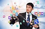 Asian businessman touching app interface