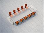 Illustration of glass conference table with business chairs on granite tiles, studio shot