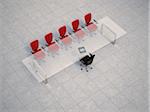 Illustration of glass conference table with business chairs on granite tiles, studio shot