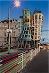 View of the Dancing House at dusk, Prague, Bohemia, Czech Republic.