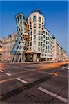 Front View of the Dancing House at dusk, Prague, Bohemia, Czech Republic.