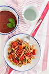 Fusilli with tomato sauce and basil