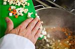 a hand puts pieces of carrots and onions in a pot with tenderloin beef, for a typical Czech dish called Svickova