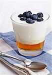 Natural yogurt on honey topped with blueberries in a glass