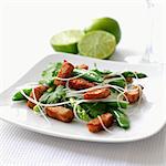 Fried tofu with mange tout, asparagus, coriander and rice noodles (Asia)