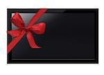 Black LCD tv screen hanging on a wall with red ribbon.  (with clipping work path)
