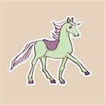 Cartoon horse sticker, hand drawn doodle illustration of a happy baby animal on a colored background