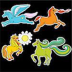A series of toy horses stickers, hand drawn doodle illustrations of four happy baby animals, cartoons isolated on black