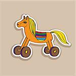 Cartoon horse sticker, hand drawn doodle illustration of a happy toy animal on wheels over a beige background