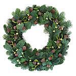 Christmas green spruce fir wreath with mistletoe and pine cones over white background.
