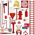 Firefighters tools, accessories and equipment for fire fighting. Illustration on white background.