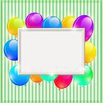 White Empty Ribbed Frame on Striped Wall with Colorful Air Balloons. Vector Illustration with Copy-Space for Message