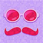 Pink Glasses and Mustaches with Simple Pattern. Vector Retro Background