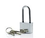 Metallic padlock with three keys isolated on white background