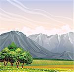 Green rural field with flowering trees and gray mountains on a sunrise background.  Nature vector landscape.