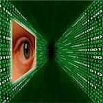 An eye monitoring a corridor of green binary code