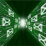 E-mail icons flying along walls of green binary code