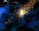 Space scene background with fictional planets and blazing meteorites