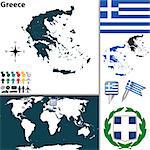 Vector map of Greece with regions, coat of arms and location on world map
