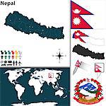 Vector map of Nepal with regions, coat of arms and location on world map