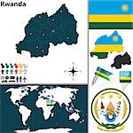 Vector map of Rwanda with regions, coat of arms and location on world map