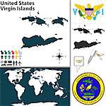 Vector map of United States Virgin Islands with  coat of arms and location on world map