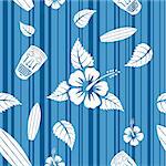 Vector seamless Hawaiian pattern with hibiscus flowers, surf boards and tiki masks