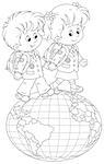 Schoolgirl and schoolboy walking together on a big globe