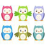 Vector illustration of a set of whimsical cartoon owls