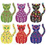 Set of six colourful vector cats with lace ornamental bodies and without contour lines, isolated on white background