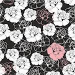 Seamless vector dark floral pattern with classic white and pink roses on black background. Beautiful tile abstract vintage texture with flowers and cute background for web design or desktop wallpaper.