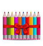 Illustration set colorful pencils decorated by bow on white background - vector