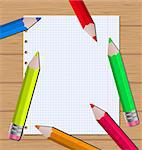 Illustration colorful pencils on paper sheet background - vector