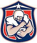 Illustration of an american football player with helmet on holding ball set inside shield crest viewed from the front done in retro style.