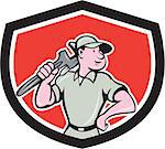 Illustration of a plumber holding monkey wrench on shoulder set inside shield crest done in cartoon style on isolated background.