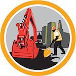 Illustration of a construction mechanical digger excavator with construction worker digging with shovel buildings in background set inside circle done in retro style.
