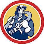Illustration of a fireman fire fighter emergency worker holding fire hose over his shoulder viewed from front set inside circle done in retro style.