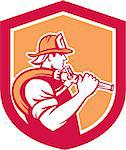 Illustration of a fireman fire fighter emergency worker holding fire hose over his shoulder viewed from the side set inside shield crest done in retro style.