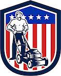 Illustration of male gardener mowing with lawn mower in american flag stars stripes set inside a shield done in retro woodcut style.