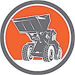 Illustration of a construction front end loader digger excavator viewed from front set inside circle done in retro style .